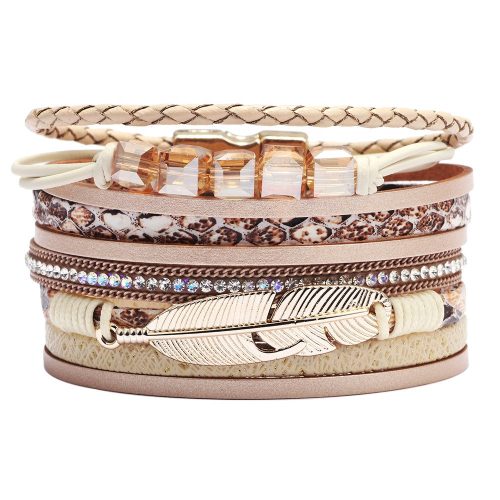  Beige leather bracelet with straps and feather