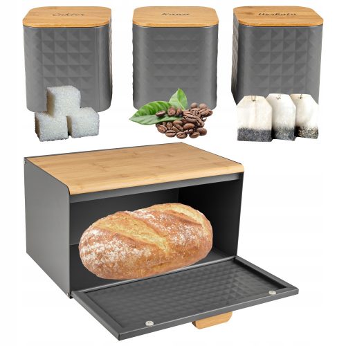 Bread box Karl Hausmann Vinto one-piece bread box, brown and beige tones, grey and silver tones, steel + set of kitchen containers made of STEEL with bamboo lid, 3 pcs.