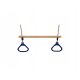 Wooden trapeze bar with triangular blue hoops