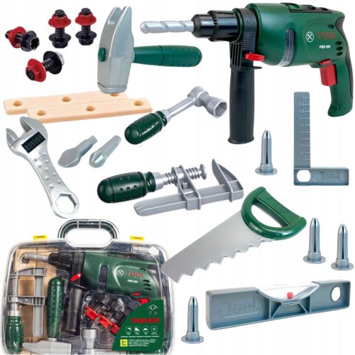  TOOL SET IN CASE SOUND EFFECTS LIGHT STRIKE DRILL SCREWDRIVER SAW + Children's Drill Klein 8413